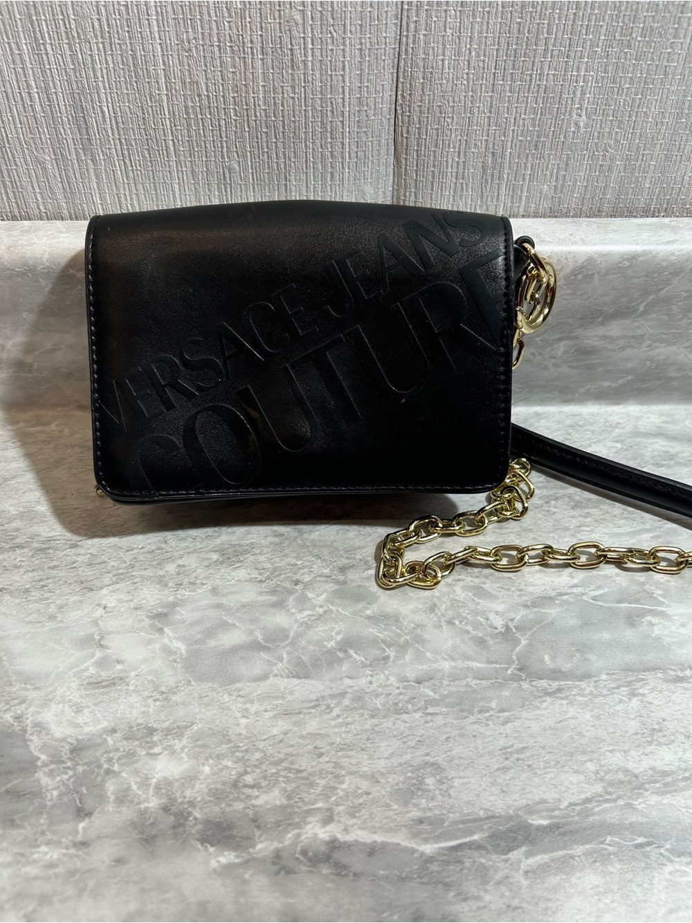 Versace Jeans Collection Black Leather Crossbody Bag with Gold Chain - BG4